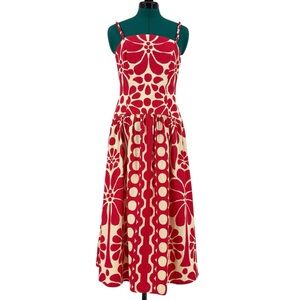 Christian Lacroix NWT Red/Cream Sleeveless Linen Blend Drop Waist Midi Dress, 4
